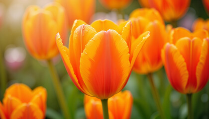 Vibrant orange tulips adorned with raindrops in lush garden, beauty of nature