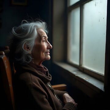 Anciana sentada mirando por la ventana recordando su vida con nostalgia