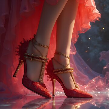 Pies de mujer con zapatos de tac&oacute;n rojo y dorado