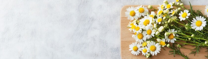 Obraz premium Flat lay of chamomile and wildflowers on a wooden cutting board