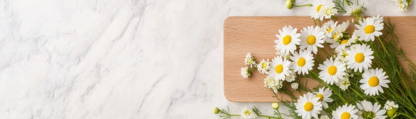 Obraz premium Flat lay of chamomile and wildflowers on a wooden cutting board