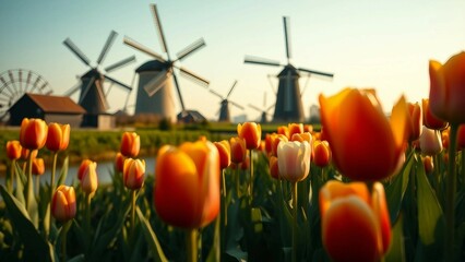 Obraz premium Realistics combination of windmills movement and tulips calmness results in a composition that is bo