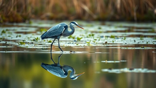 Realistics blue heron in marsh represents tranquility and elegance capturing birds intense concentra