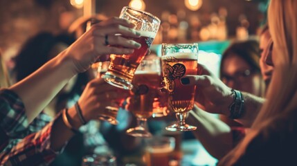 Beer Toasting. Group of Friends Toasting Beer in a Pub. Celebrating with Cheers and Clinking Glasses. Social Gathering Concept on Background with Copy Space.