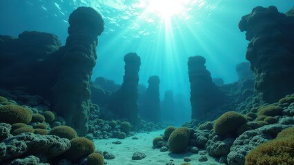 Underwater coral reef landscape with tall pillar-like formations and sunlight rays	