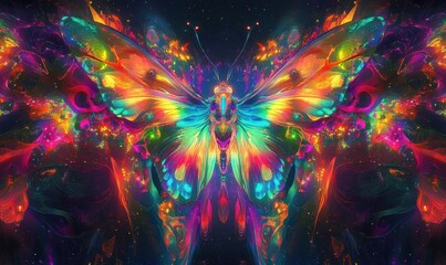 Fototapeta premium Neon Butterfly - A vibrant digital art depicting a butterfly with glowing, colorful wings