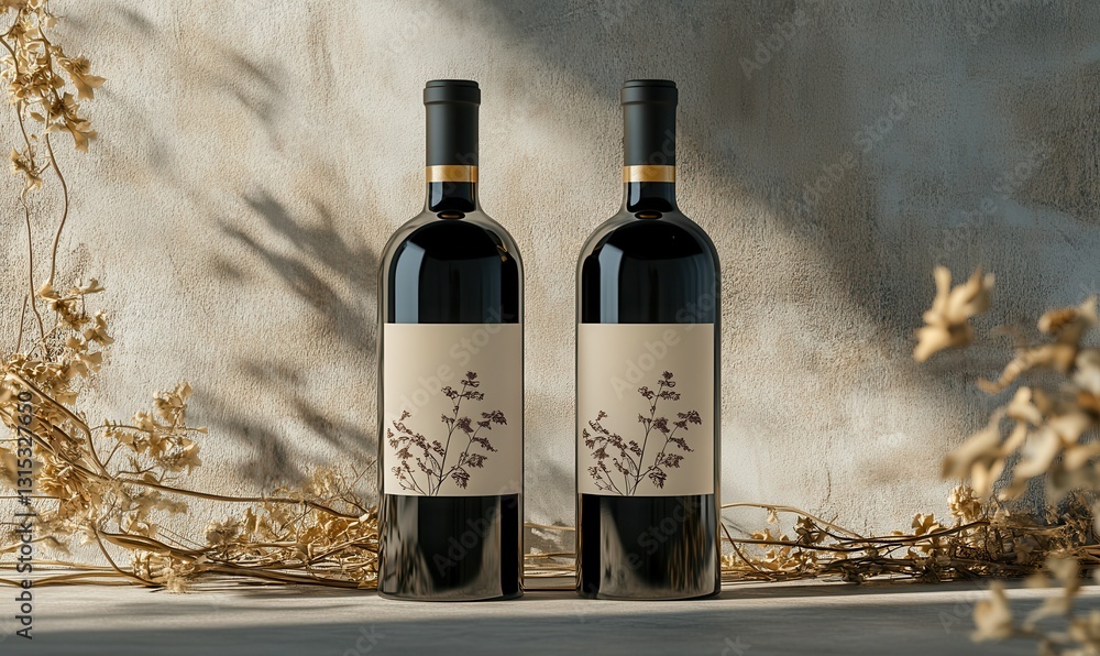 Poster two elegant wine bottles with blank labels on minimalist background for custom branding