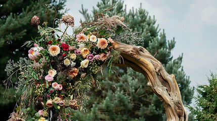 A stunning outdoor wedding arch made of natural wood and fresh flowers