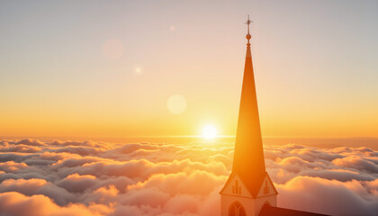 Fototapeta premium Easter sunrise over church spire amidst golden clouds, renewal concept