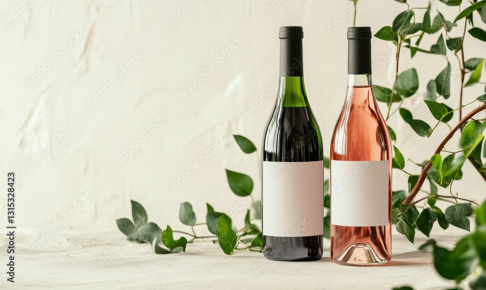 Poster two wine bottles with blank labels displayed against a neutral background with greenery