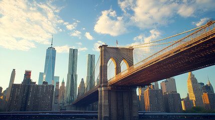 A Golden Hour Panorama of New York City Featuring The Brooklyn Bridge And Manhattan Skyline