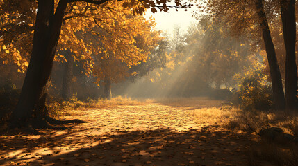 Golden Autumn Path Sunbeams Through Fall Foliage