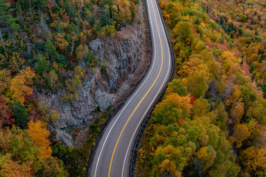 Curving Cabot Trail on North Mountain in the Cape Breton Highlands National Park, Cape Breton Island, Nova Scotia, Canada