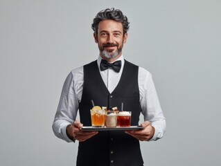 Professional waiter serves cocktails on a tray at an upscale event in an elegant setting