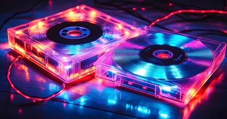 Glowing neon CD and cassette tape rest on a wooden surface, radiating electric blue, pink, and orange lights. Vibrant reflections and glowing wires enhance the nostalgic scene
