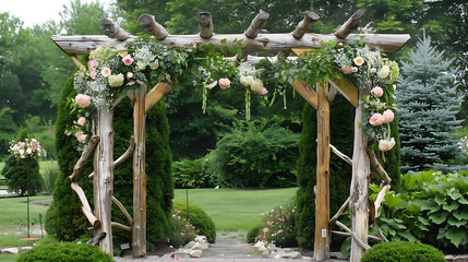 A stunning outdoor wedding arch made of natural wood and fresh flowers