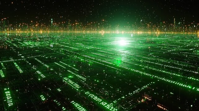 Abstract digital landscape with green paths and distant shimmering lights