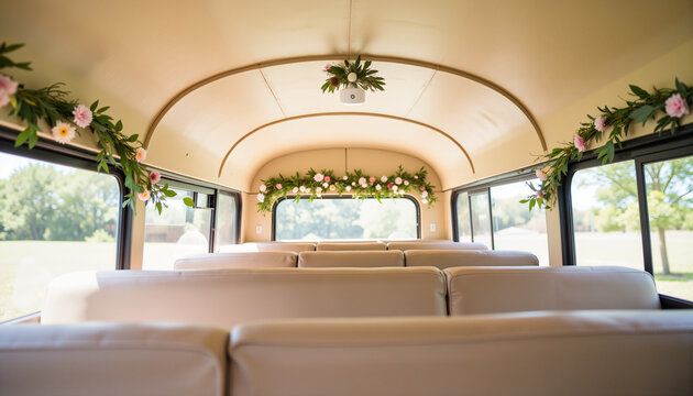Decorative vintage bus interior with floral garlands, wedding transportation