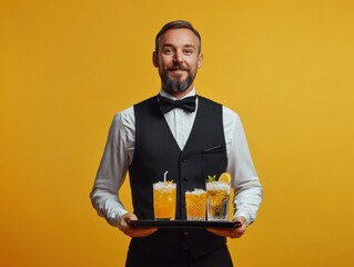 Bartender presenting colorful cocktails on a tray against a bright yellow backdrop