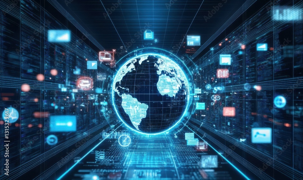 Poster 3d globe surrounded by digital icons representing global connectivity and data analysis on a futuris