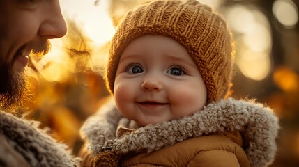 Father Enjoys Warm Autumn Day With Smiling Baby in a Scenic Outdoor Setting Surrounded by Colorful Leaves and Soft Sunlight