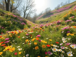 Obraz premium Vibrant wildflowers bloom across a sun-drenched hillside, spring's arrival in full color, rural, artistic