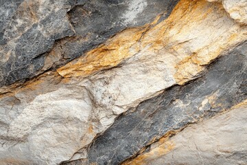 Close-up of a rugged rock surface with gray, white, and golden hues, showcasing its texture and layered formations.