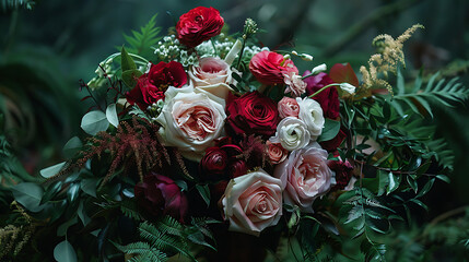 A stunning wedding bouquet with roses, peonies, and lush greenery