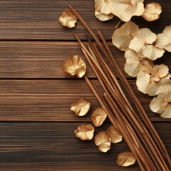 Fototapeta premium Autumn-inspired still life with golden petals and wooden textures