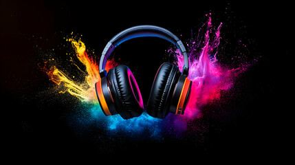 Wireless Black And Orange Headphones With A Colorful Powder Paint Explosion On A Black Background