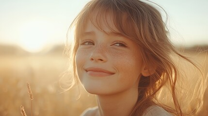 Girl Smiling in Golden Wheat Field During Sunset With Soft Light Illuminating Her Face and Hair