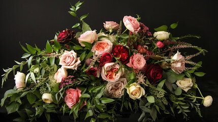A stunning wedding bouquet with roses, peonies, and lush greenery