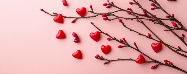 Pink background with red heart-shaped decorations scattered and on branches, creating a romantic Valentine theme