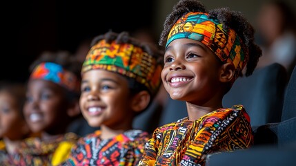 Fototapeta premium Young Children Wearing Traditional Clothing and Headwraps Eagerly Watch a Performance at a Cultural Event in a Theater