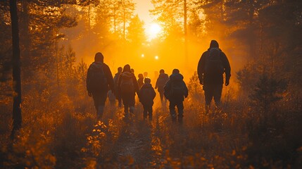 Hikers Journey Through a Misty Forest at Sunrise Surrounded by Golden Light and Vibrant Autumn Foliage
