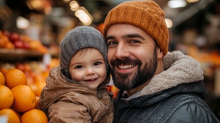 Obraz premium Smiling Father and Child Enjoying a Day at the Market Surrounded by Fresh Produce on a Cool Autumn Afternoon