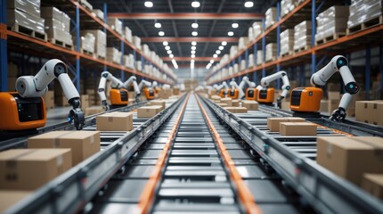 Automation in Action: Robotic Arms Handling Packages on Conveyor Belts in a Modern Warehouse