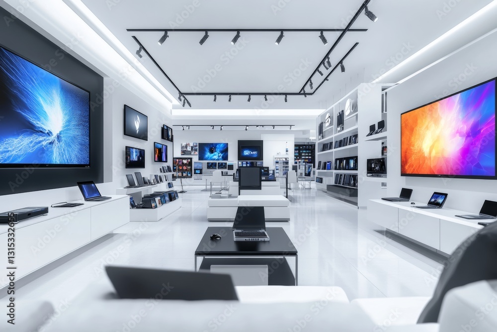 Aufkleber consumer electronics showroom with sleek design. tech displays patterns. some devices laptops, pcs, 