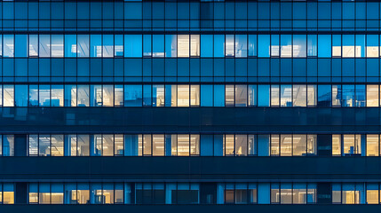 Fototapeta premium Modern Office Building Exterior With Illuminated Windows At Night Showing Architectural Design And Urban Work Life