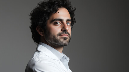 Obraz premium Young Man with Curly Hair in White Shirt