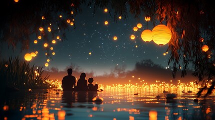 Family Enjoys a Serene Evening by the Water, Surrounded by Glowing Lanterns and a Starry Sky During a Tranquil Outdoor Gathering