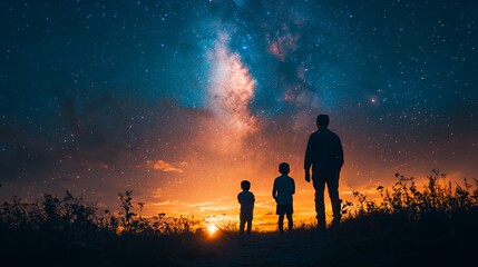 Fototapeta premium Silhouettes of a Parent and Two Children Gazing at a Starry Sky During Sunset in a Peaceful Outdoor Setting