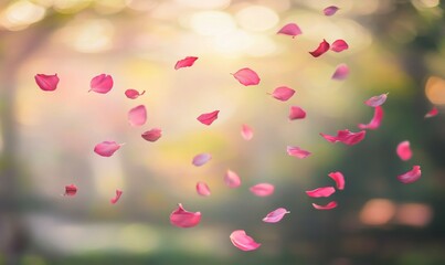 Obraz premium Pink flower petals floating in the air with soft bokeh background during springtime