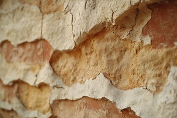 Close-up of weathered, cracked brick wall; showing texture, age, and decay.