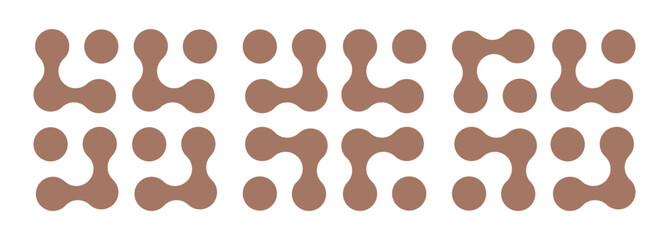 Metaball icons in mocha mousse color. Connected dots trendy signs. Integration abstract symbol. Circles simple pattern. Point movement. Connected blobs. Metaballs transition. Set of minimal flat logos