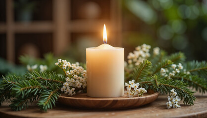 Candle with flame surrounded by flowers and greenery