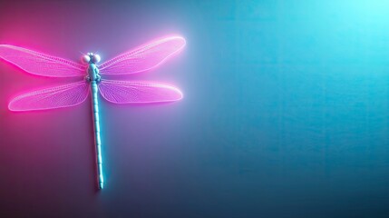 Neon pink dragonfly on blue background, vibrant, glowing, insect, digital art.