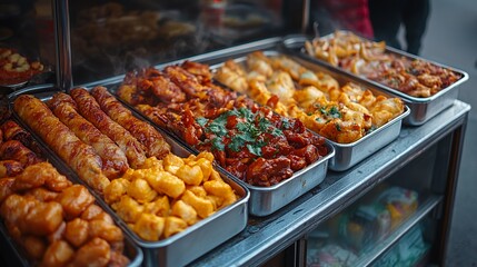 Fototapeta premium Street Food Vendor Displays a Vibrant Variety of Delicious Dishes in a Bustling Market During the Day