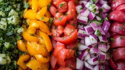 Colorful Assortment of Freshly Chopped Vegetables Arranged for a Summer Salad Preparation Showcasing Vibrant Colors and Fresh Ingredients