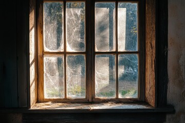 Abandoned Window with Cobwebs and Grime - Dusty, Vintage Pane with Sunlight